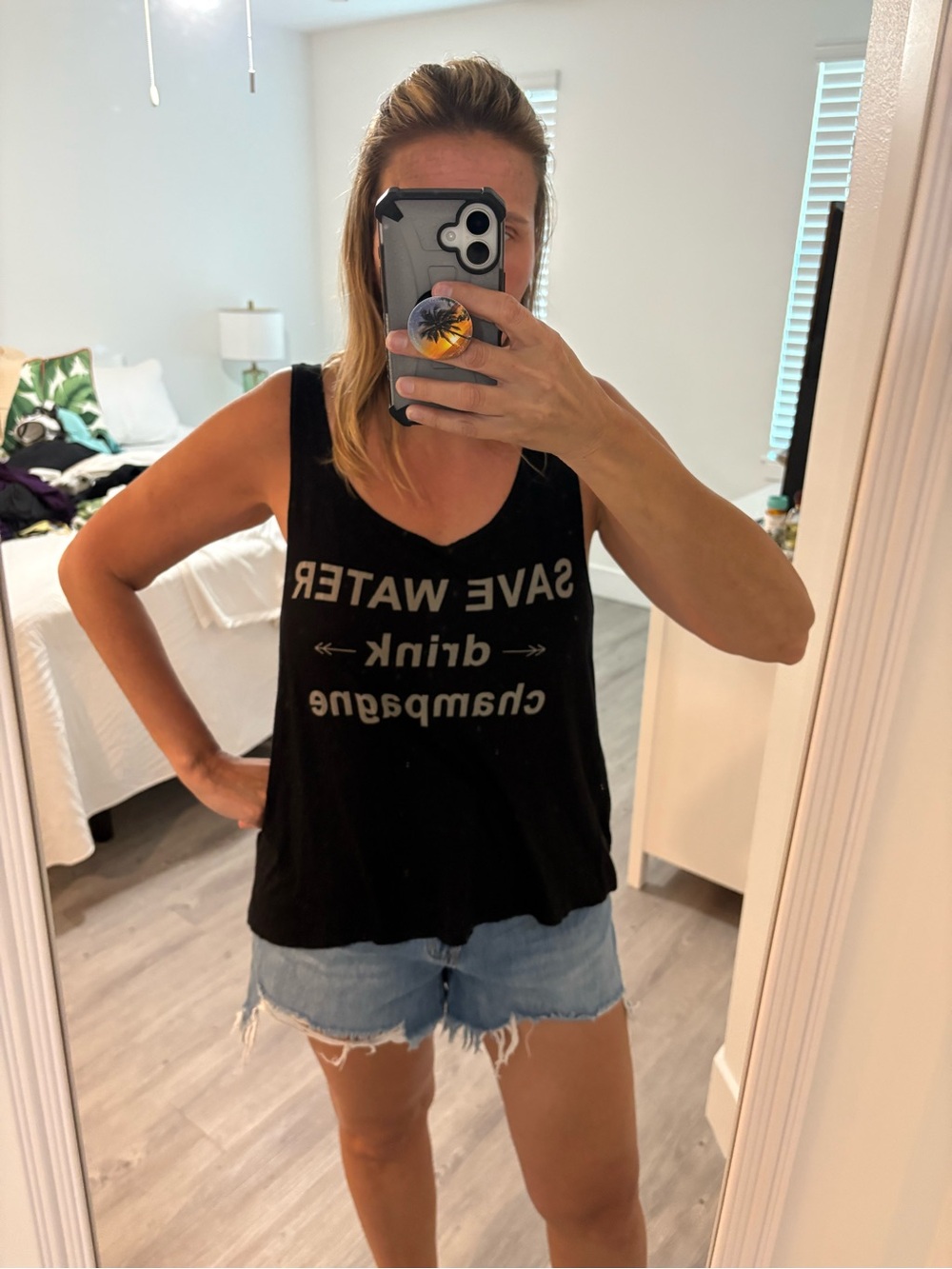 Black Women's Graphic Tank Top - Save Water Drink Champagne
